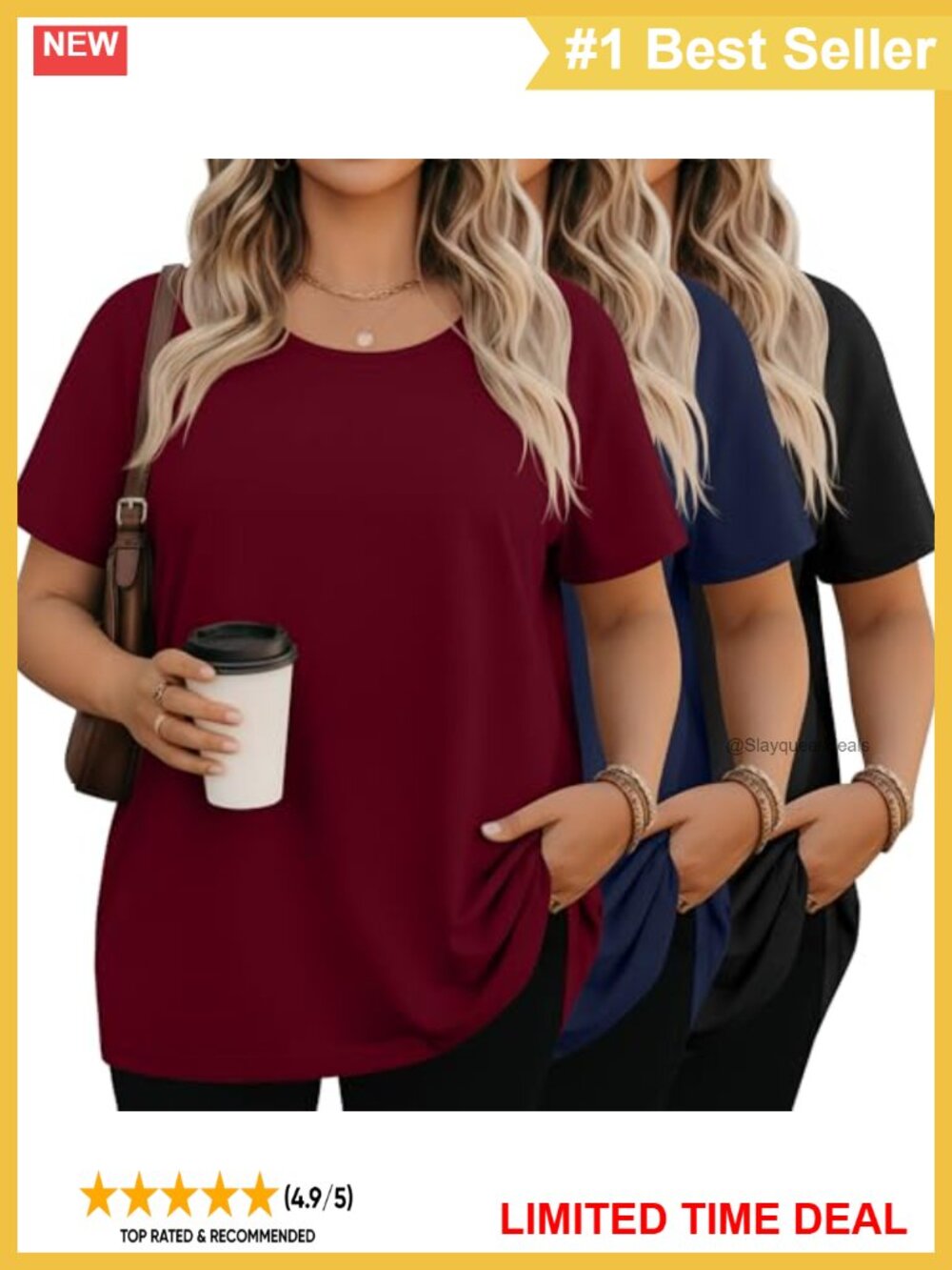 Plus Size Short Sleeve Crew Neck T-Shirts 3 Pack Loose Fit Summer Tops
